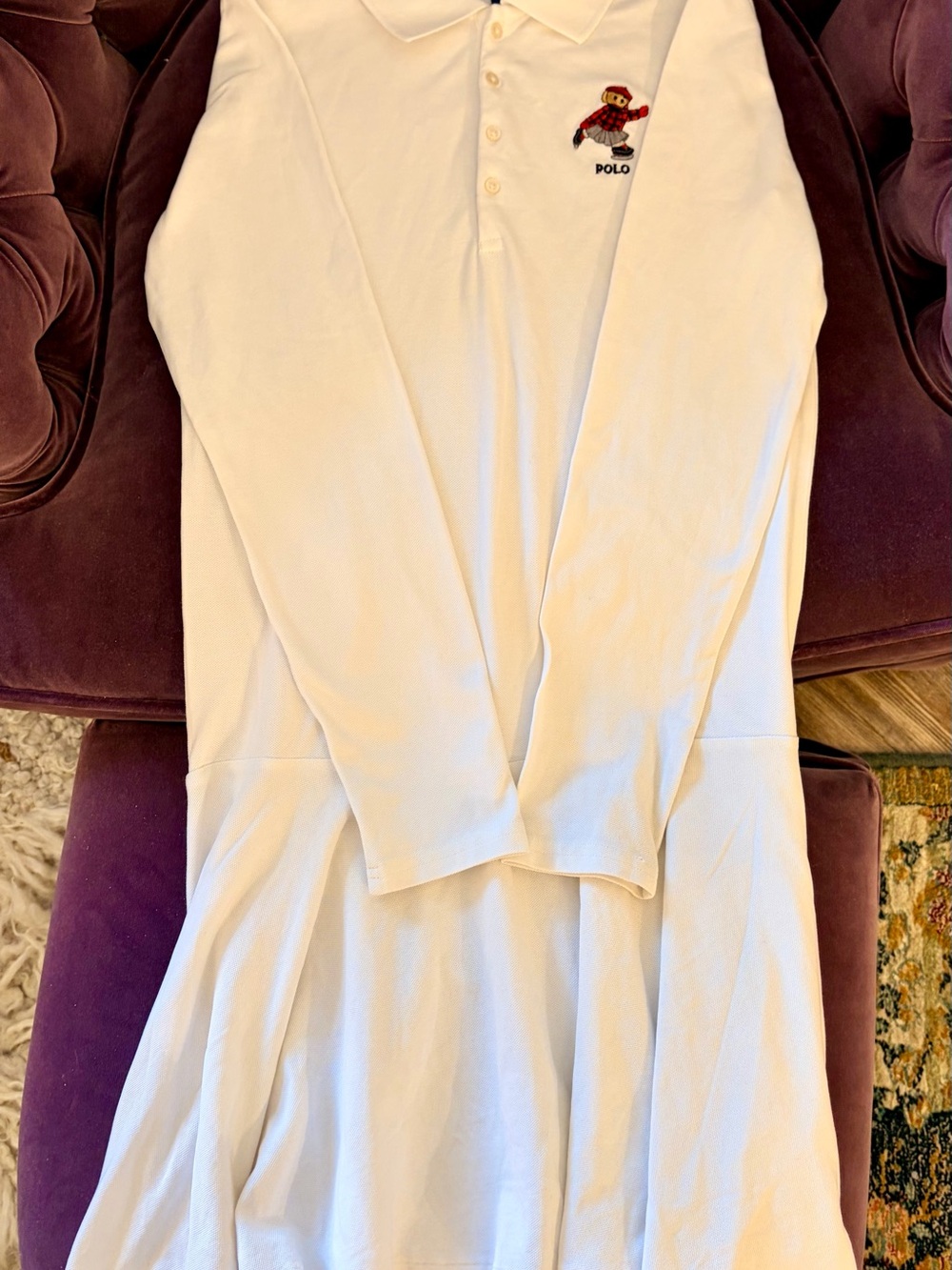 Polo by Ralph Lauren White Long-Sleeve Polo Dress with Embroidered Bear 14-16